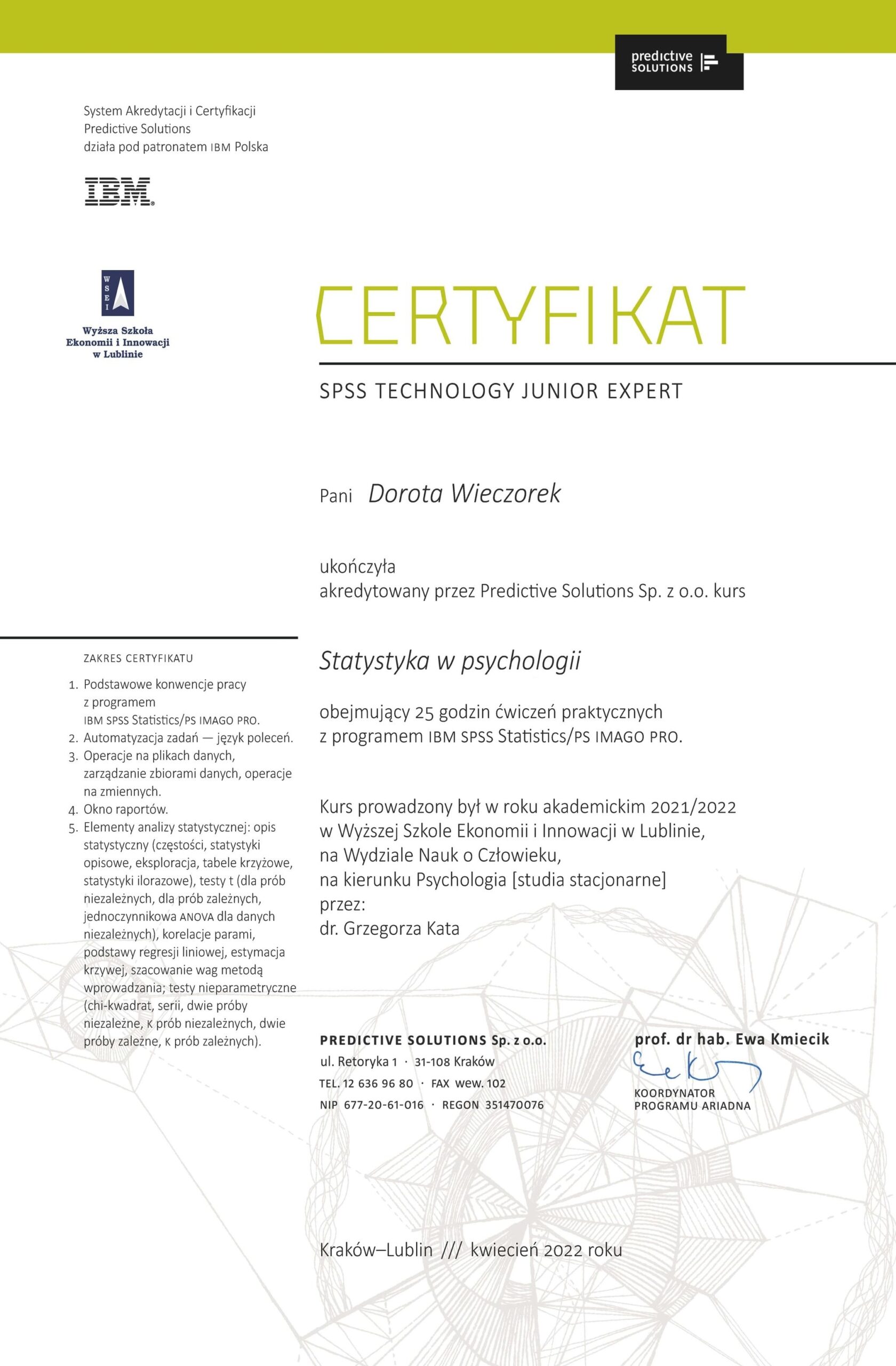Certyfikat SPSS usunięte dane